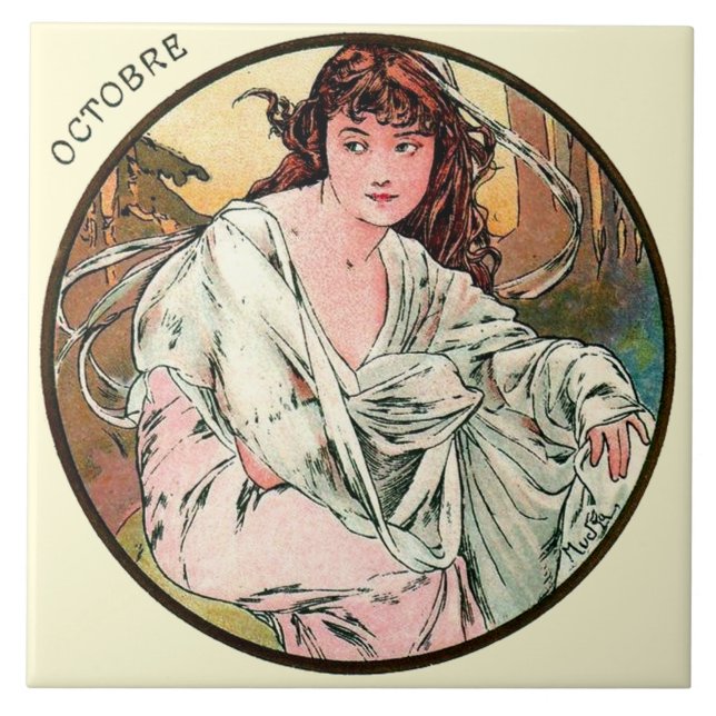 Azulejo Calendario octubre de Nouveau Mucha del arte (Frente)