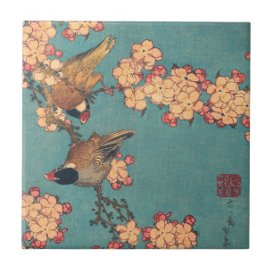 Azulejo Camachuelo de Hokusai y Flor de Cerezo Ave Vintage