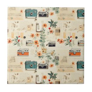 Azulejo Cámara Vintage Radio Floral Azul Turquesa Naranja 