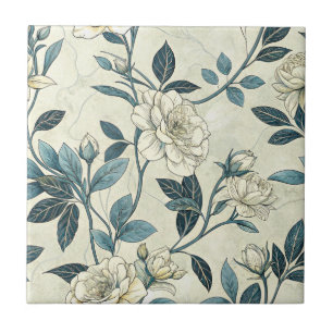 Azulejo Camelia marfil Índigo Chinoiserie Botánico