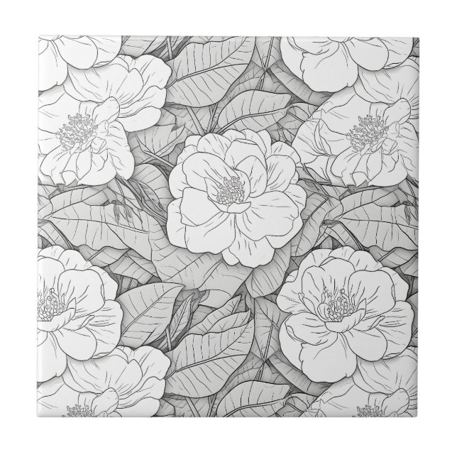 Azulejo Camellia en blanco y negro (Frente)