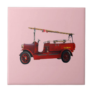Azulejo Camión de bomberos vintage rojo con escalera aérea
