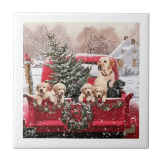 Azulejo Camión Rojo Retro Navidades Con Perros De Cachorro