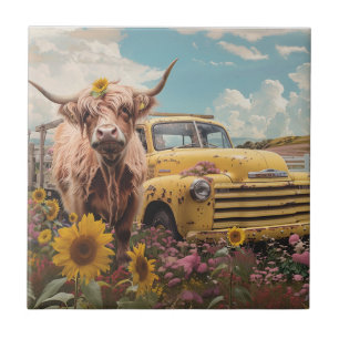 Azulejo Camioneta Amarilla Vintage Vaca Highland Girasoles