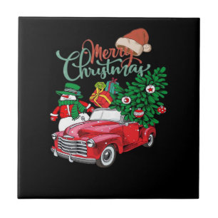 Azulejo Camioneta Roja Recogida Árbol De Navidad Feliz Nav
