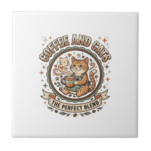 Azulejo Camiseta de arte vectorial vintage de café y gatos