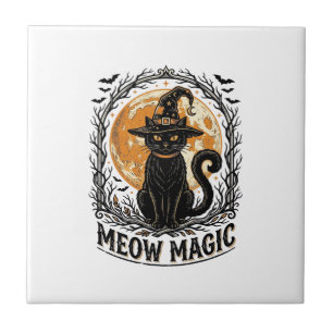 Azulejo Camiseta de Gato Bruja Diseño de Luna de Halloween