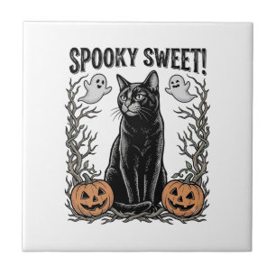 Azulejo Camiseta de grabado vintage de Halloween de gato n