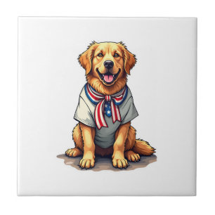 Azulejo Camiseta de grabado vintage de perro dorado patrió