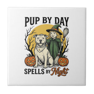 Azulejo Camiseta de Perro Bruja de Halloween Grabado Vinta
