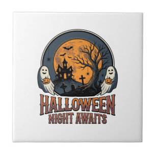 Azulejo Camiseta Fantasma Luna Grabada Escena Halloween Vi