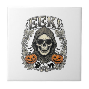 Azulejo Camiseta Gráfica de Calavera de Halloween con Grab