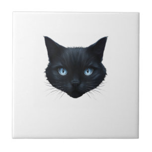 Azulejo Camiseta gráfica de cara de gato negro ojos azules