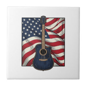 Azulejo Camiseta vectorial de guitarra vintage con bandera