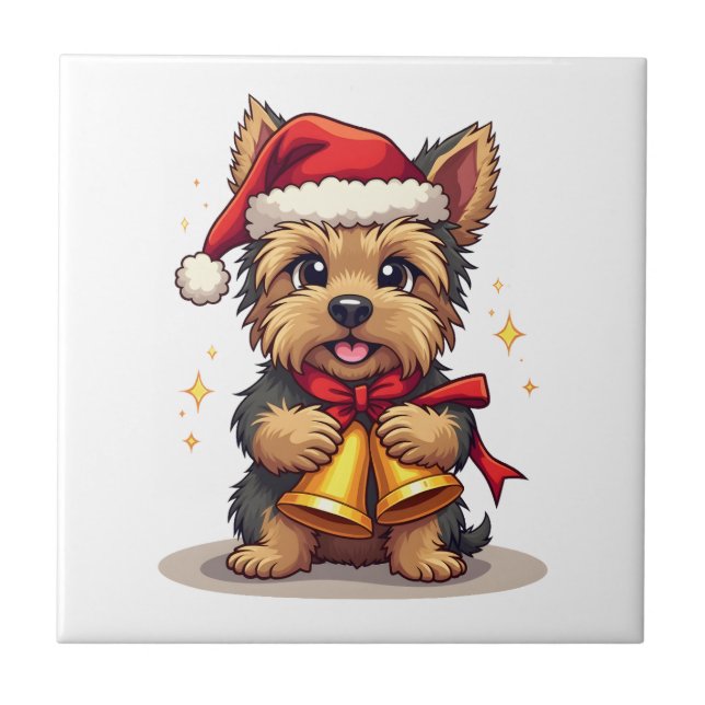 Azulejo Campanas de Navidad de Yorkshire Terrier (Frente)