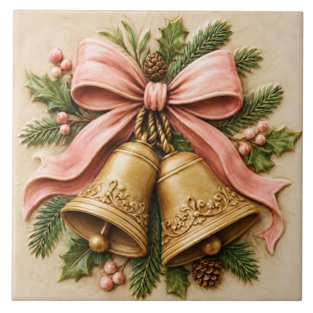 Azulejo Campanas de Navidad rosadas con lazo coquette (Frente)