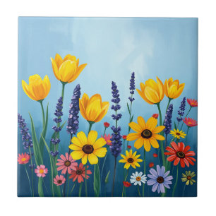 Azulejo Campo abstracto de tulipanes y daisies