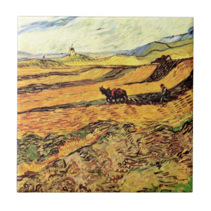 Azulejo Campo con Plowman y Mill por Vincent van Gogh