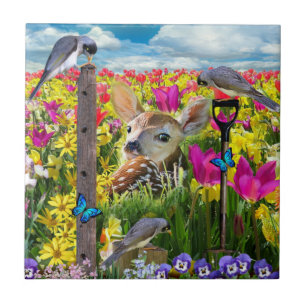 Azulejo Campo de aves alba de flores