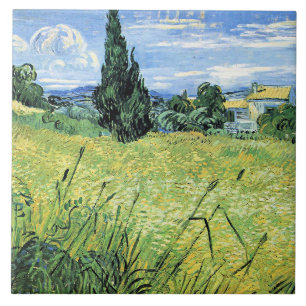 Azulejo Campo de trigo verde con ciprés,