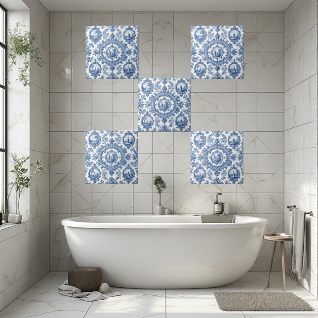 Azulejo Campo Pastoril Gente Rural Toile Francés Azul (Pastoral Countryside Rural Folks French Toile Blue Ceramic Tile)