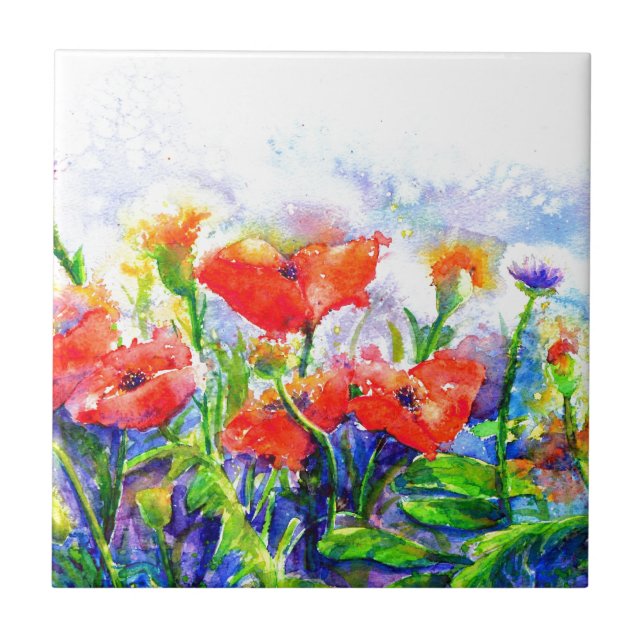 Azulejo Campos de adormidera roja -pintura floral acuarela (Frente)