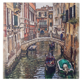 Azulejo Canal de Venecia con casas y góndola. Italia.
