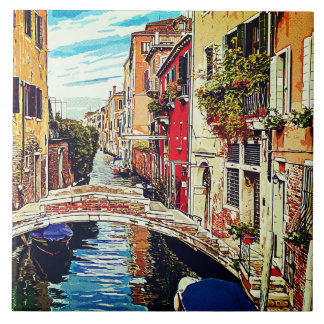 Azulejo Canal veneciano con casas y puente. Italia.