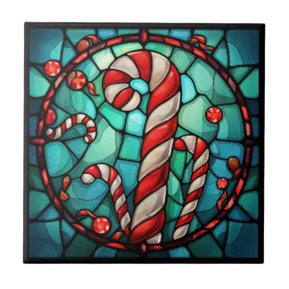 Azulejo Candy Cane Navidades Vidrio Manchado