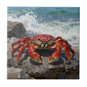 Azulejo Cangrejo Rojo Vibrante Olas del Océano