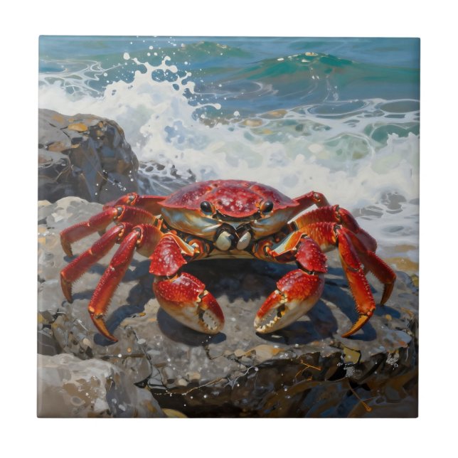 Azulejo Cangrejo Rojo Vibrante Olas del Océano (Frente)