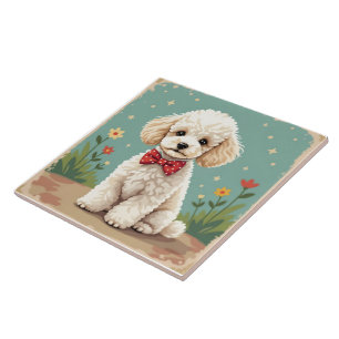 Azulejo Caniche blanco adorable con corbata de lazo