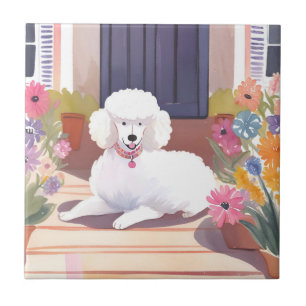 Azulejo Caniche Blanco   Flores Acuarela de Mascota Perro