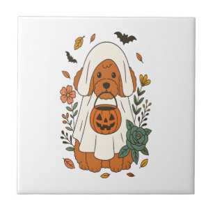 Azulejo Caniche de Halloween con flores de otoño