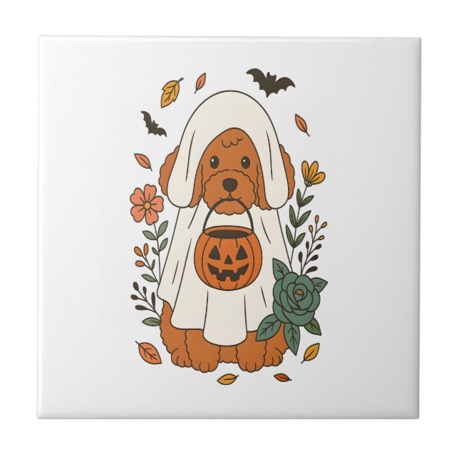 Azulejo Caniche de Halloween con flores de otoño (Frente)