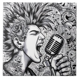 Azulejo Cantante de Punk Rock Retro Glam Único en Blanco y
