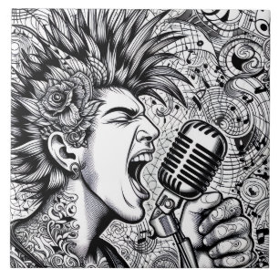 Azulejo Cantante de Punk Rock Retro Glam Único en Blanco y