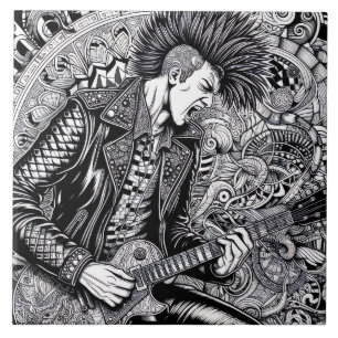 Azulejo Cantante de Punk Rock Retro Glam Único en Blanco y
