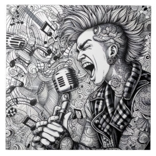 Azulejo Cantante de Punk Rock Retro Glam Único en Blanco y
