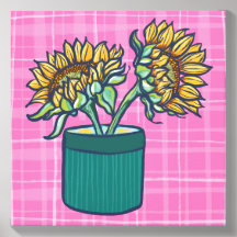 Madroño rosa a cuadros girasol amarillo en jarrón