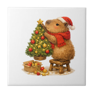 Azulejo Capibara de Navidad decorando el árbol