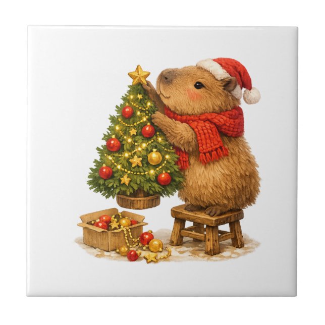Azulejo Capibara de Navidad decorando el árbol (Frente)