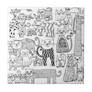 Azulejo Caprichoso Patrón de Gato en Blanco y Negro de Mod
