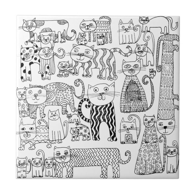 Azulejo Caprichoso Patrón de Gato en Blanco y Negro de Mod (Frente)