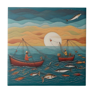 Azulejo Captura Del Día Pescando Arte Popular,