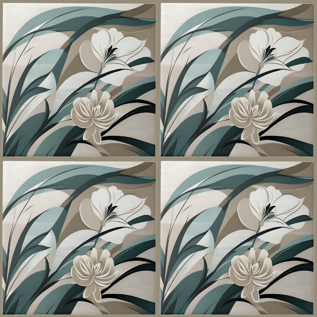 Azulejo Capullos con joyas (Jeweled Buds Ceramic Tile-Four Square View
)