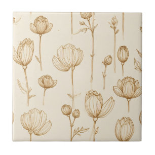 Azulejo Capullos de flores sepia y flores abiertas sobre m