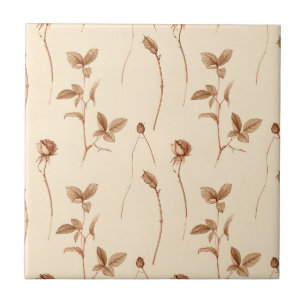 Azulejo Capullos de rosa sepia rústicos sobre floral crema