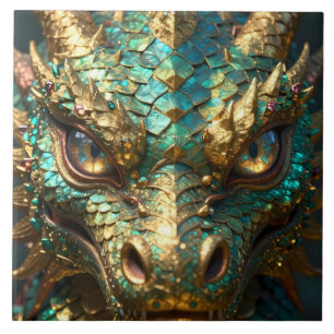 Azulejo Cara de Dragón Turquesa y Dorado