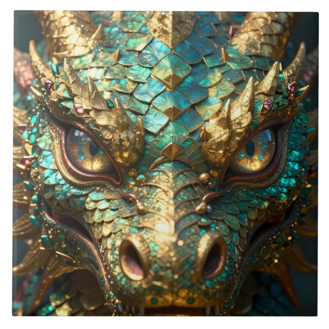 Azulejo Cara de Dragón Turquesa y Dorado (Frente)
